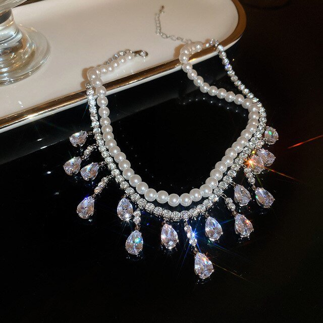 Pearlescent Cascade Crystal Necklace