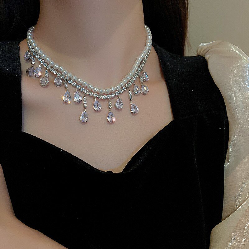 Pearlescent Cascade Crystal Necklace